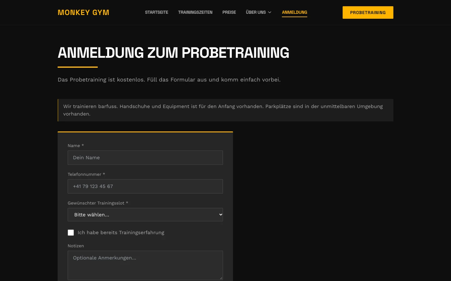Trial training booking form